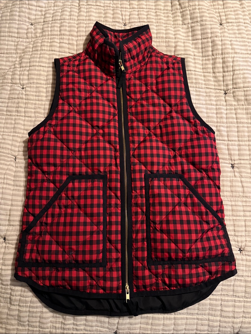 J. Crew Factory Red and Black Quilted Buffalo-Check Vest